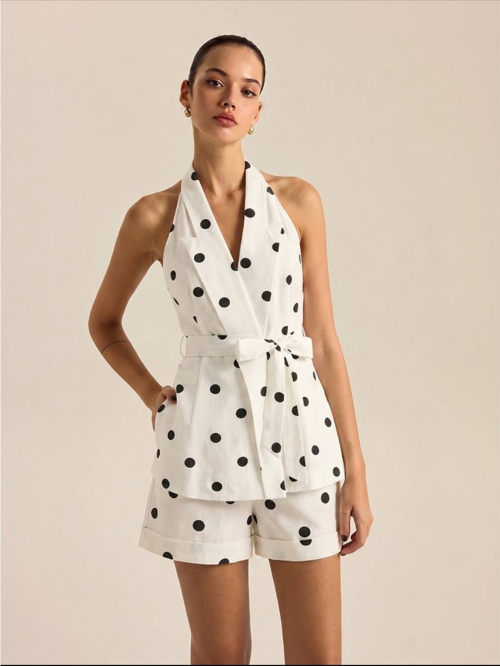 Commense White Polka Dot Halter Waist Tie Shorts Set
